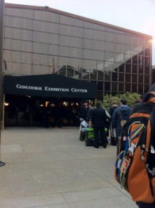 All these people are lined up for a conference, or lined up looking for work...or both.