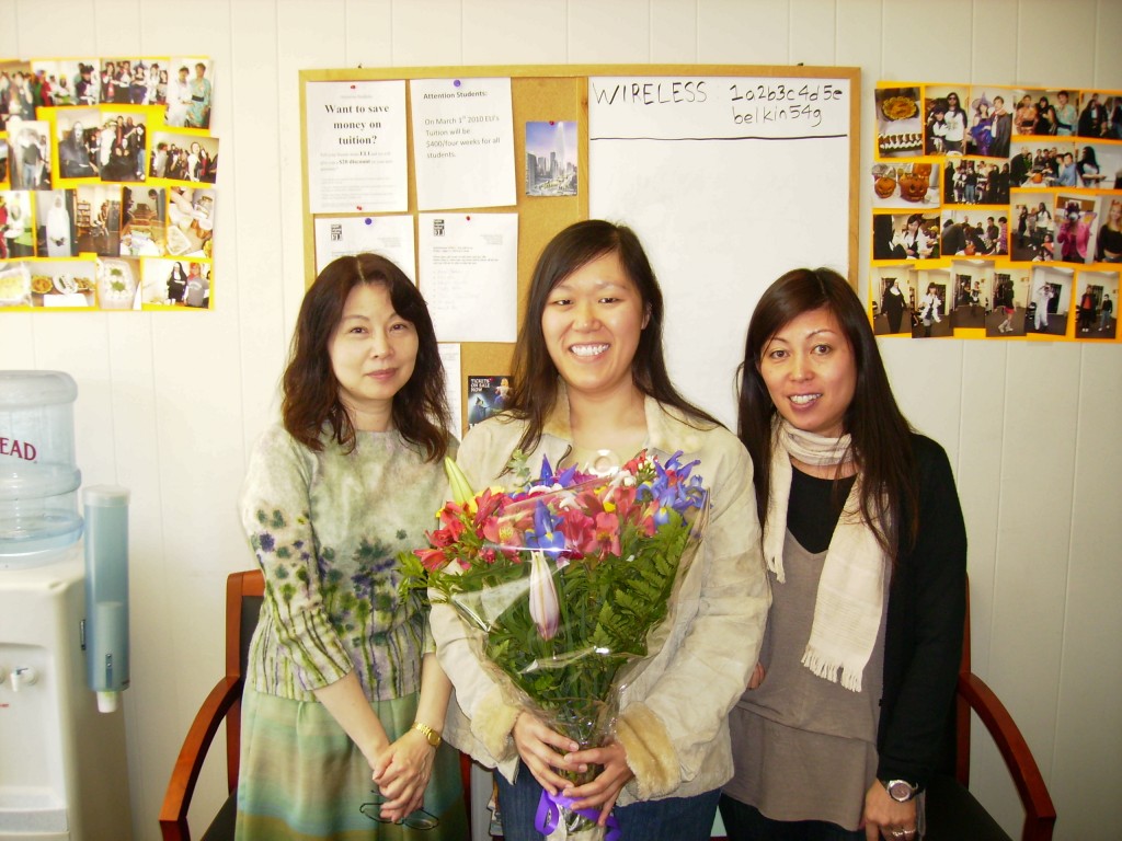 My last day at ELI in 2010; got flowers for my departure. I miss Rimi and Masako!